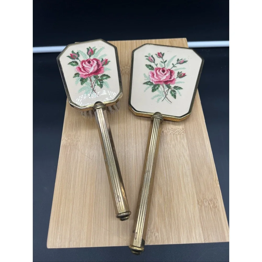 VTG Gold Tone Embroidered Pink Flowers Mirror & Hair Brush Vanity Dresser Set